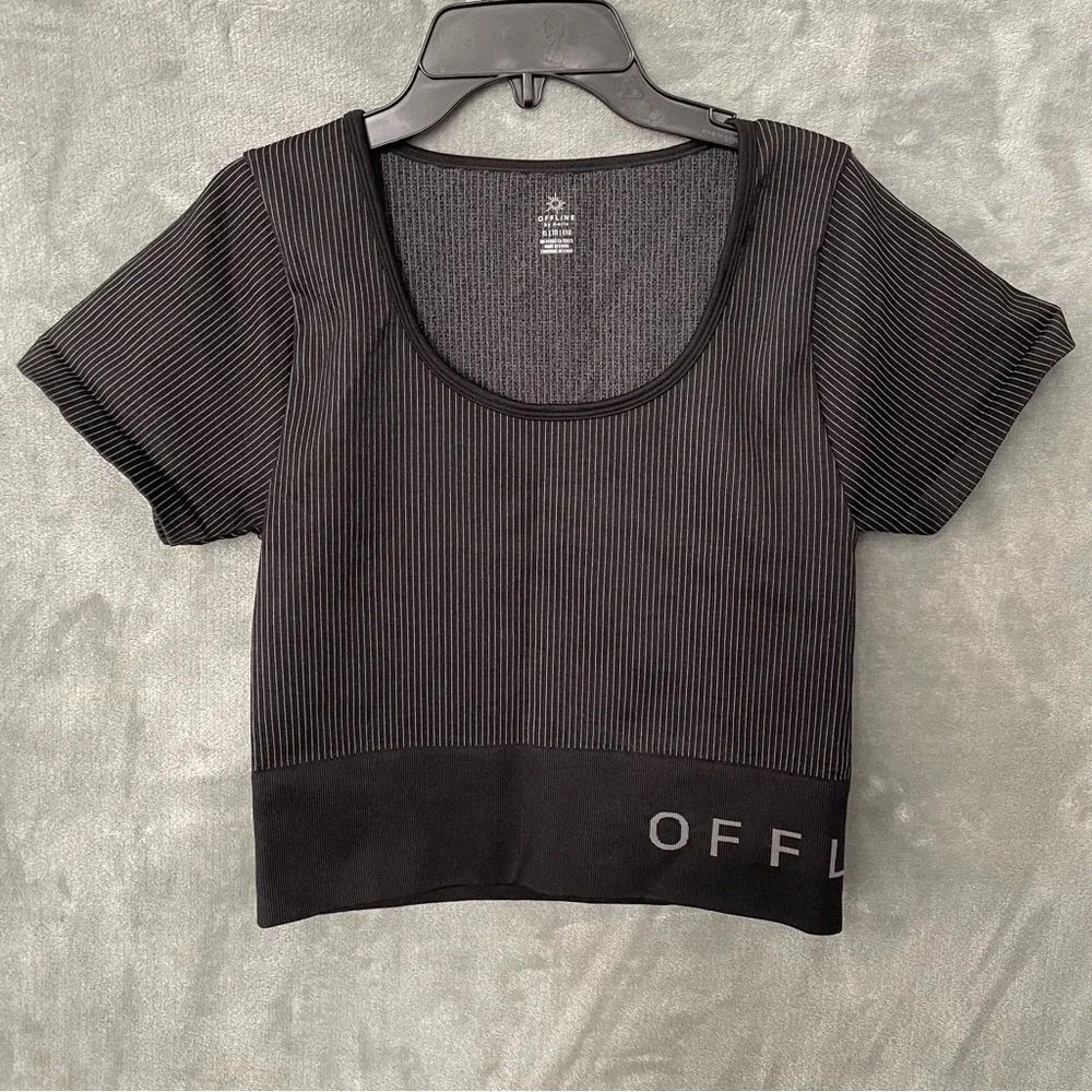 Offline By Aerie Black Fitted Ribbed Cropped Top Athleisure Size XL